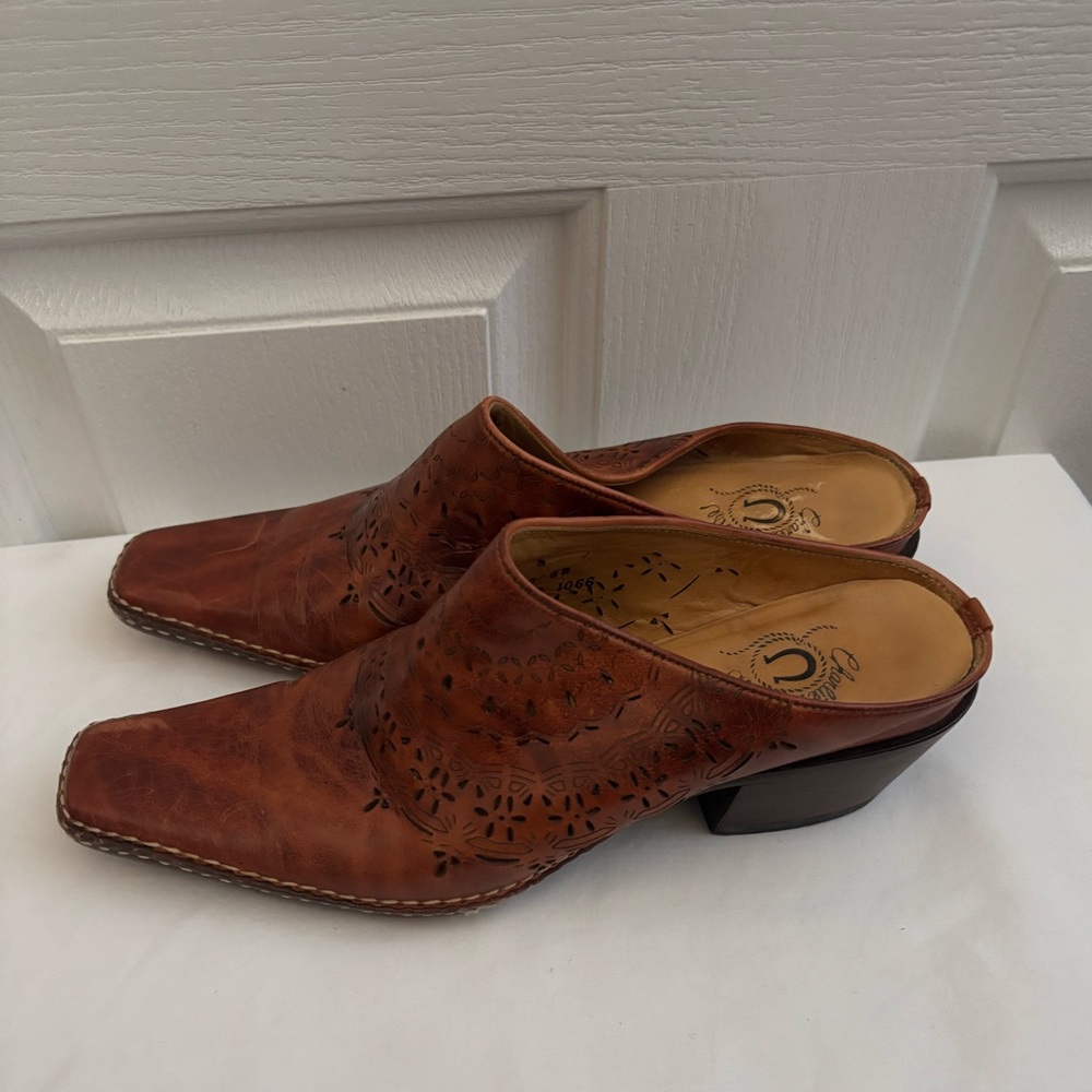 Charlie Horse Tooled Leather Western Mules Women’s Size 8B Slip-On Cowboy Heel